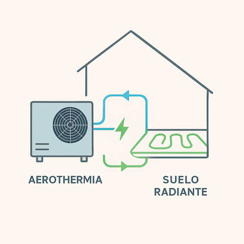 Esquema de integración cómo se combinan suelo radiante y aerotermia Esquema de integración cómo se combinan suelo radiante y aerotermia