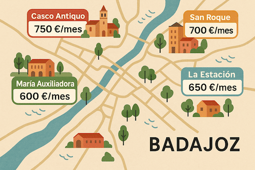 Mapa ilustrado de Badajoz con precios medios de alquiler por barrio