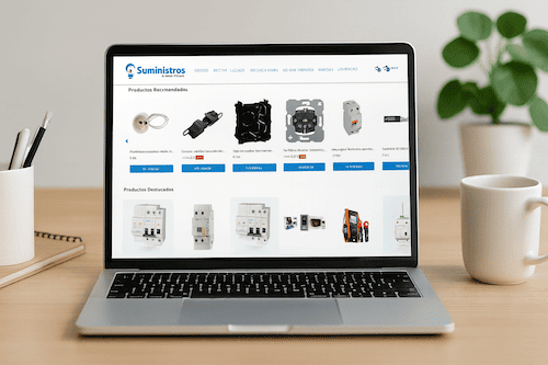 Pantalla de ecommerce de Suministroselectricos.es en portátil Pantalla de ecommerce de Suministroselectricos.es en portátil