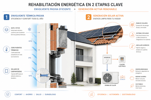 Flujo integral de rehabilitación energética de la envolvente pasiva a la generación activa