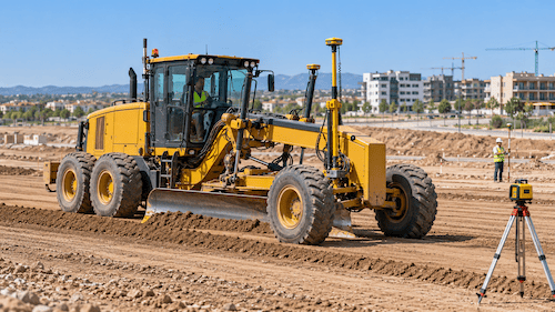 Niveladora de precisión trabajando sobre una plataforma destinada a construcción