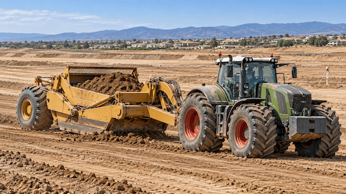 Traílla agrícola trabajando en una explanación para construcción residencial